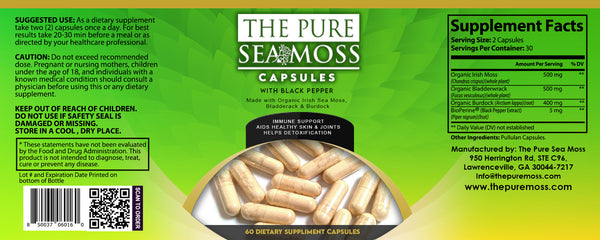 100% Certified Organic Sea Moss Plus Bladderwrack & Burdock Root Capsules 60 Ct.